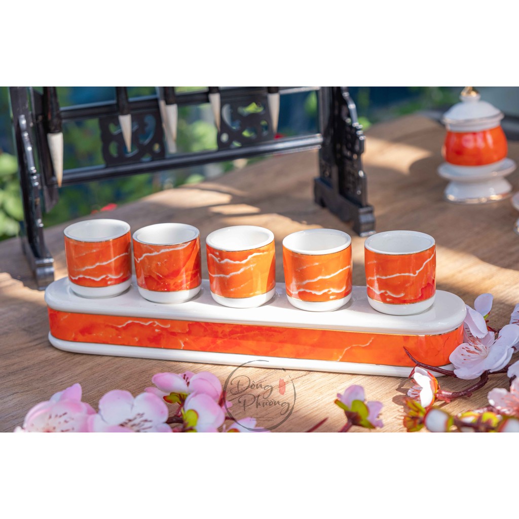 Bộ Đồ Thờ Cúng - Set Đồ Thờ Phụng Sứ Trắng Vân Đá Đỏ Cao Cấp