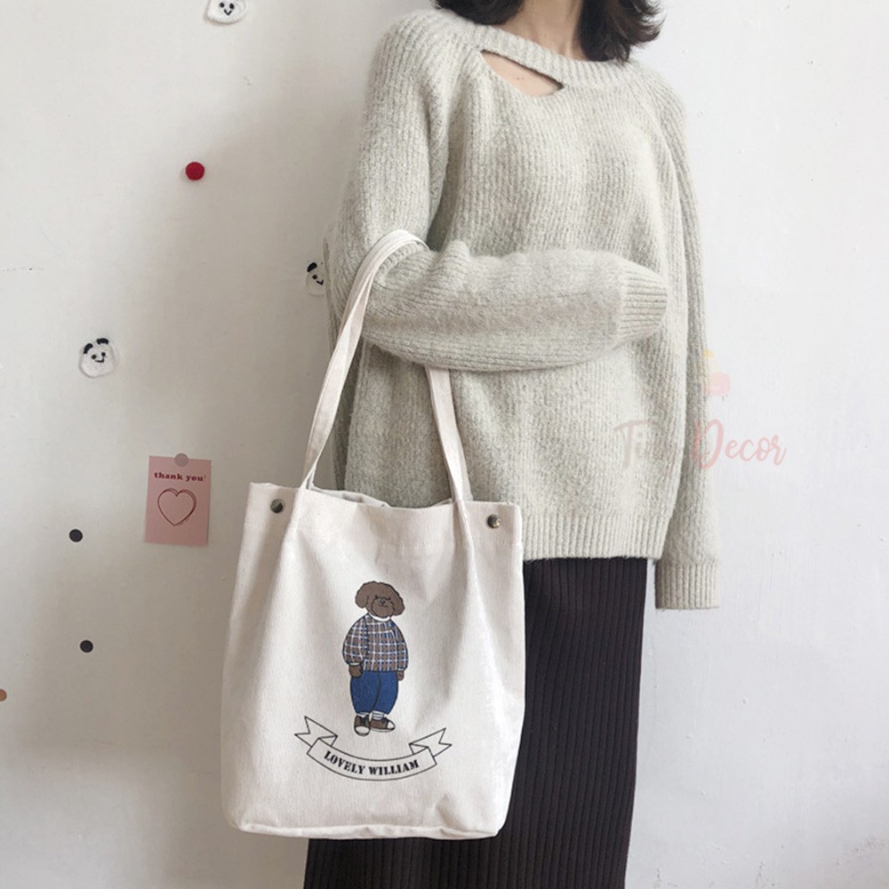 Túi đeo vai phong cách hàn quốc, Túi tote vải nhung, Gấu Teddy