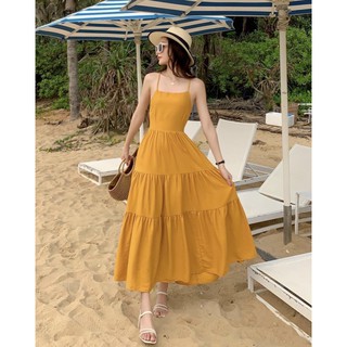 Maxi freesize đi biển vàng đan dây sau