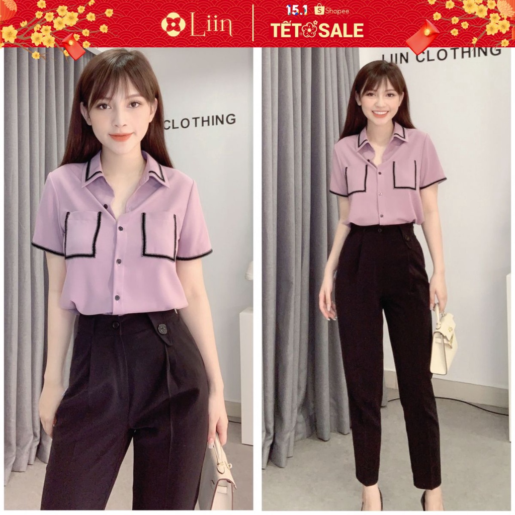 Áo sơ mi Cộc Tay tím Khoai Môn phối túi chất mát mix viền đen xinh xắn Liin Clothing SM3117