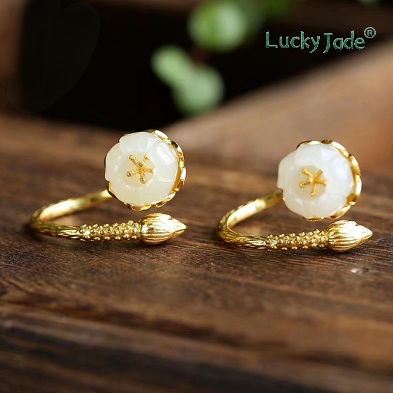 Nhẫn Bạc Sterling Đính Đá Ngọc Bích Xanh Lam Hetian Dạng Mở Đính Đá Ngọc Bích Trắng