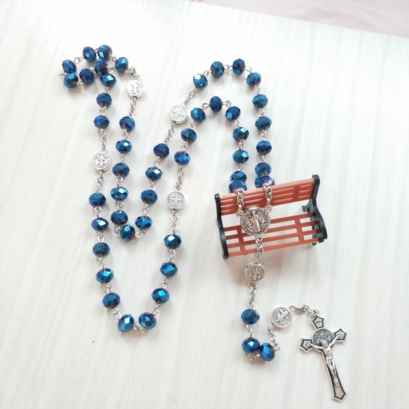 Catholic Vòng cổ Chuỗi Hạt Pha Lê Màu Xanh Dương Hình Thánh Benedict Medal