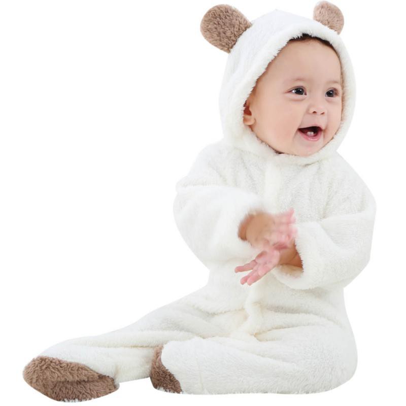 Bộ Áo Liền Quần Dài Tay Có Mũ Phối Lông Ấm Áp Cho Bé Sơ Sinh