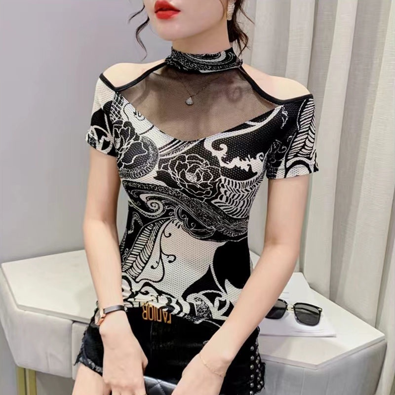 Áo Thun Cổ Cao Tay Cộc Hở Vai Phối Lưới In Chữ Quyến Rũ Thời Trang Mùa Hè Hàng Mới Dành Cho Bạn Nữ 2022