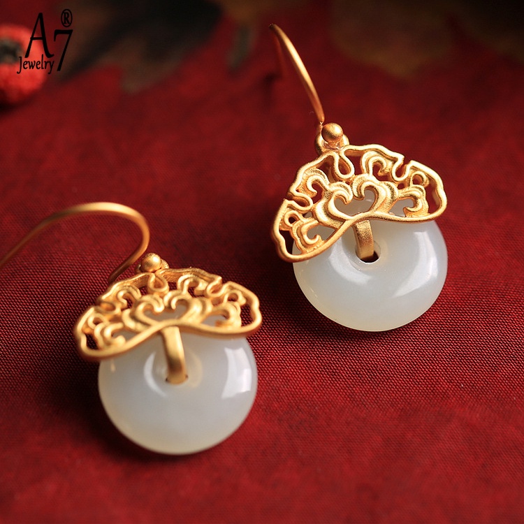 Bông Tai Bạc A7 Đính Đá Ngọc Bích Trắng Phong Cách Retro Trung Quốc