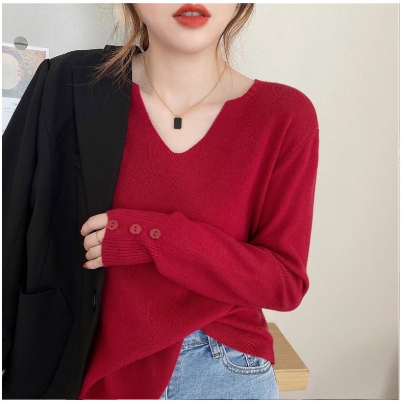 【ZHELIHANGFEI】Áo Len Tay Dài Form Rộng Cổ Chữ V Dễ Phối Đồ