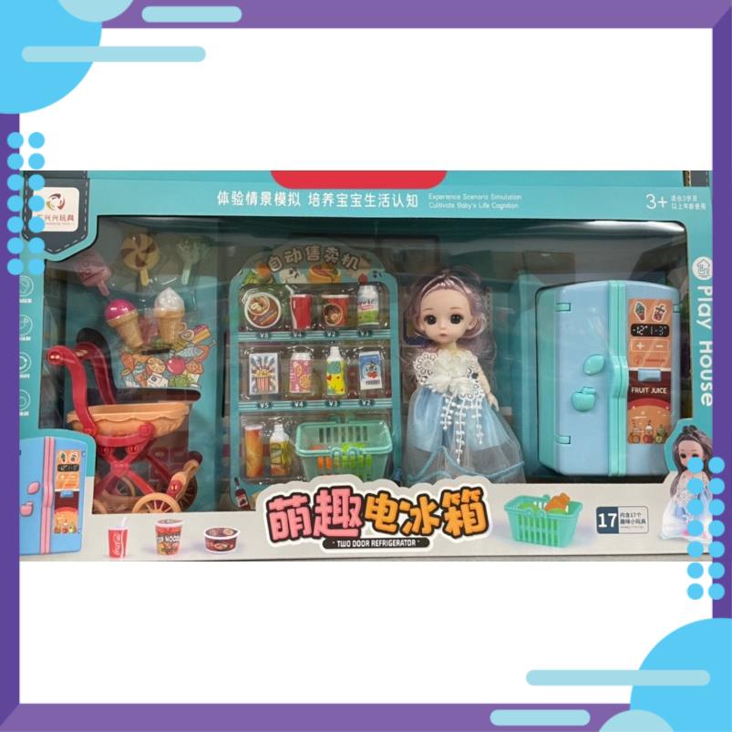 Hộp Đồ Chơi Búp Bê và Xe Đẩy Bán Kem nước giải khát, tủ lạnh