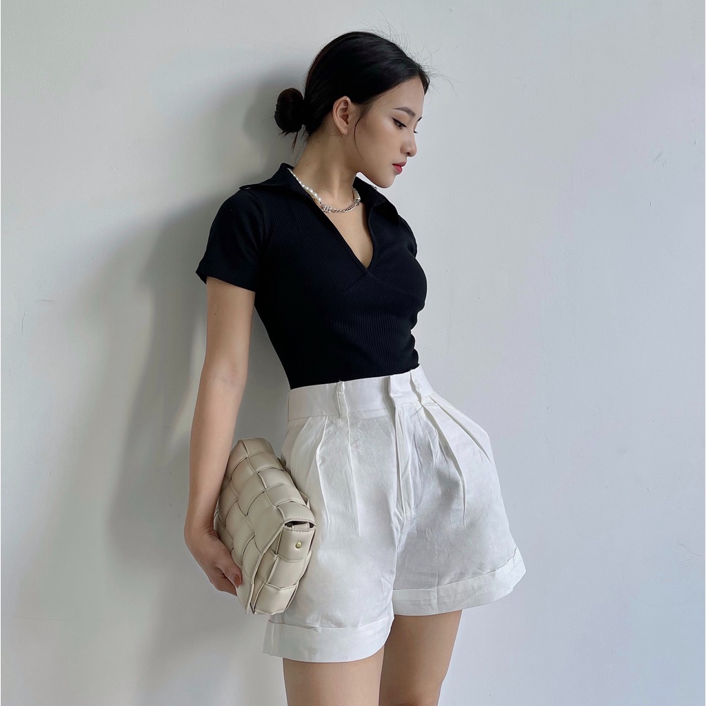 Áo croptop nữ polo cổ V TOPTIFY ngắn tay Meet Again A192