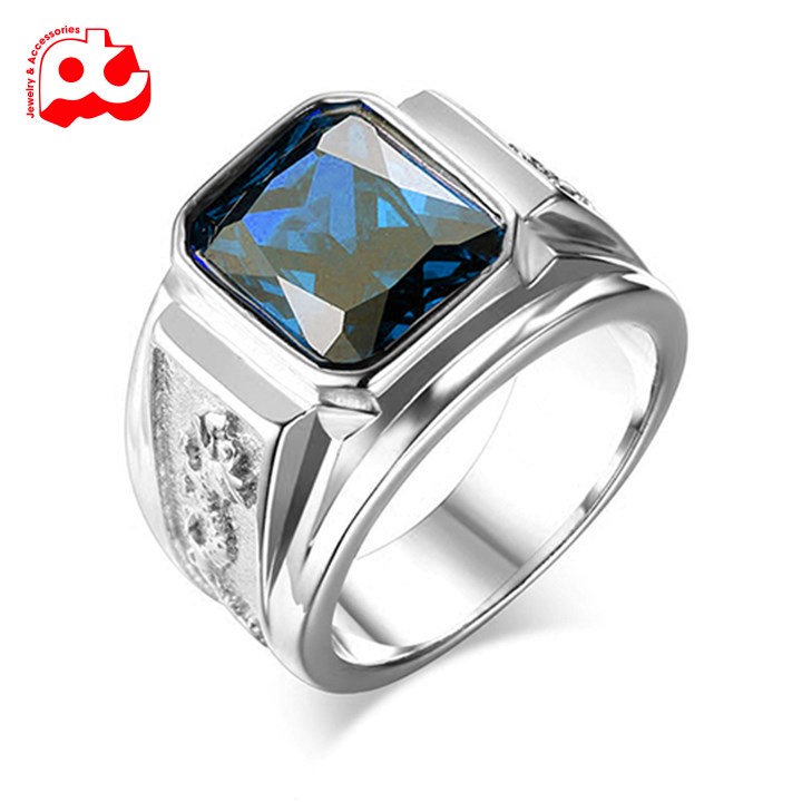 Nhẫn đẹp titan thép không gỉ nam inox cao cấp thời trang kiểu cham rồng trangsucpt đá xanh dương màu trắng PTNNA250