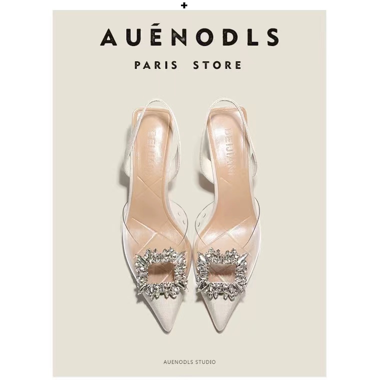 Giày Cao Gót Mũi Vuông Quai Trong Suốt Đính Đá Thời Trang Mùa Hè Dành Cho Nữ