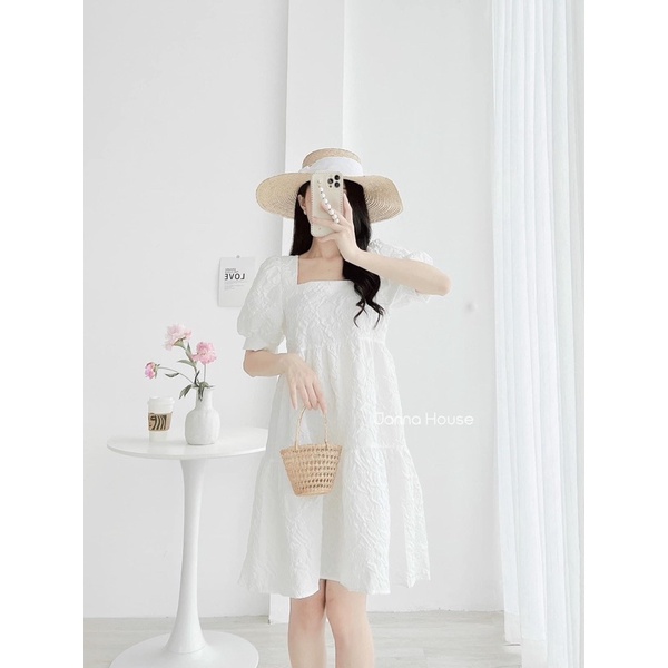 Váy bầu babydolCổ Vuông Tay Bồng Chất Đũi Xốp 3D, đầm bầu thời trang thiết kế công sở xinh xắn đáng yêu - tkutrang style
