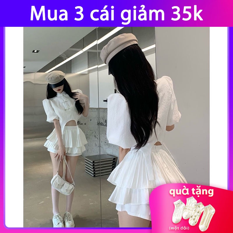 Bộ áo kiểu và chân váy xếp ly lưng cao xinh xắn thời trang mùa hè cho nữ
