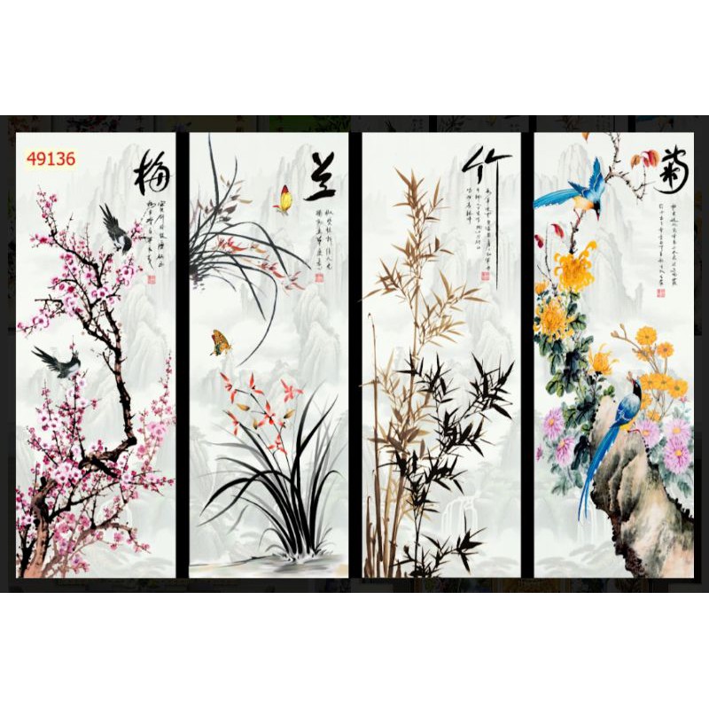 tranh dán tường 3d tranh tứ quý bốn mùa in Vải Lụa