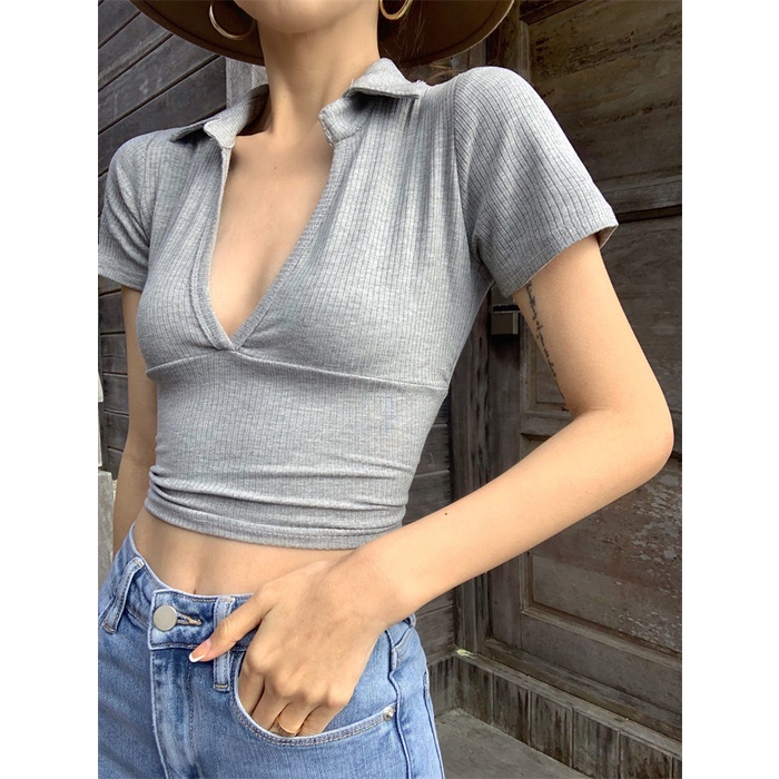 QKOOLE Áo thun lửng  tay ngắn cổ bẻ chữ V thời trang cho nữ