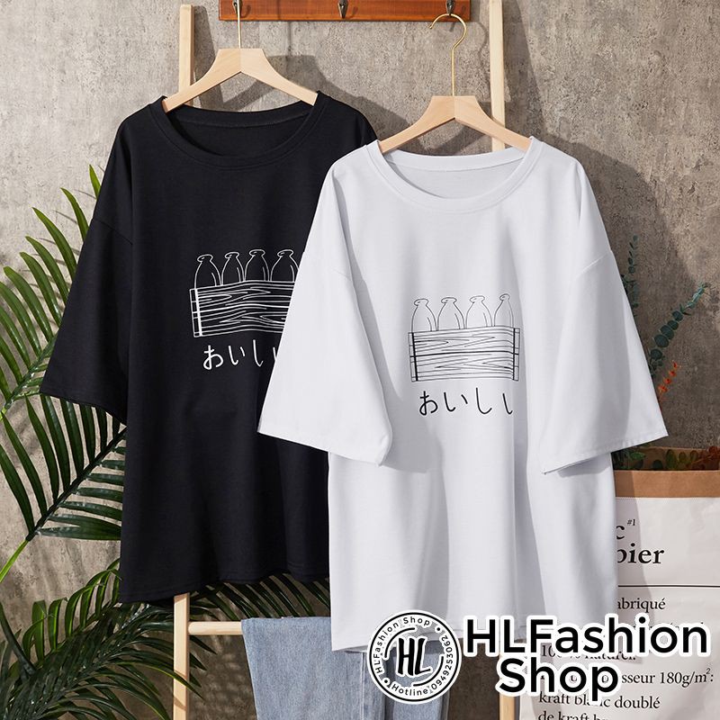 Áo thun tay lỡ form rộng 4 chai sữa OISHII, áo phông form rộng size HLFashion