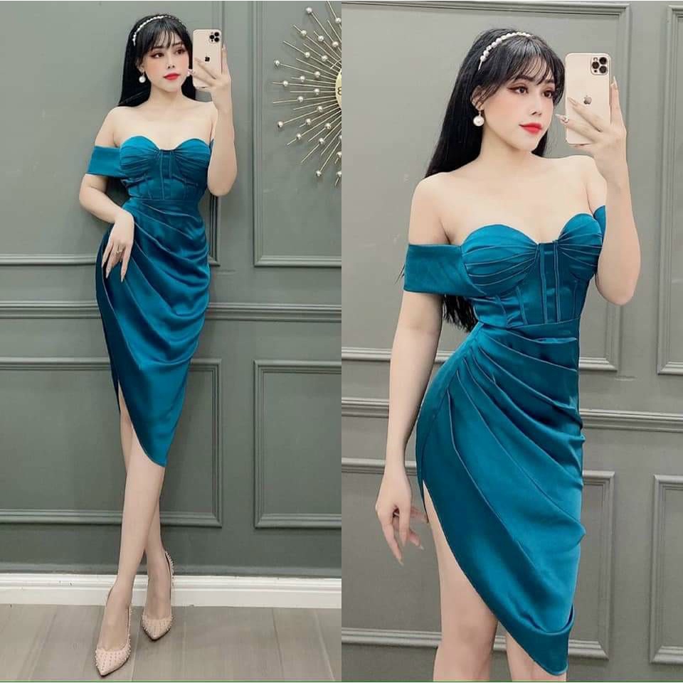 Đầm bodycon ôm dáng đẹp thiết kế cúp ngực trễ vai phối nhún một bên eo cực đẹp, chất vải phi tuyết mềm, mịn