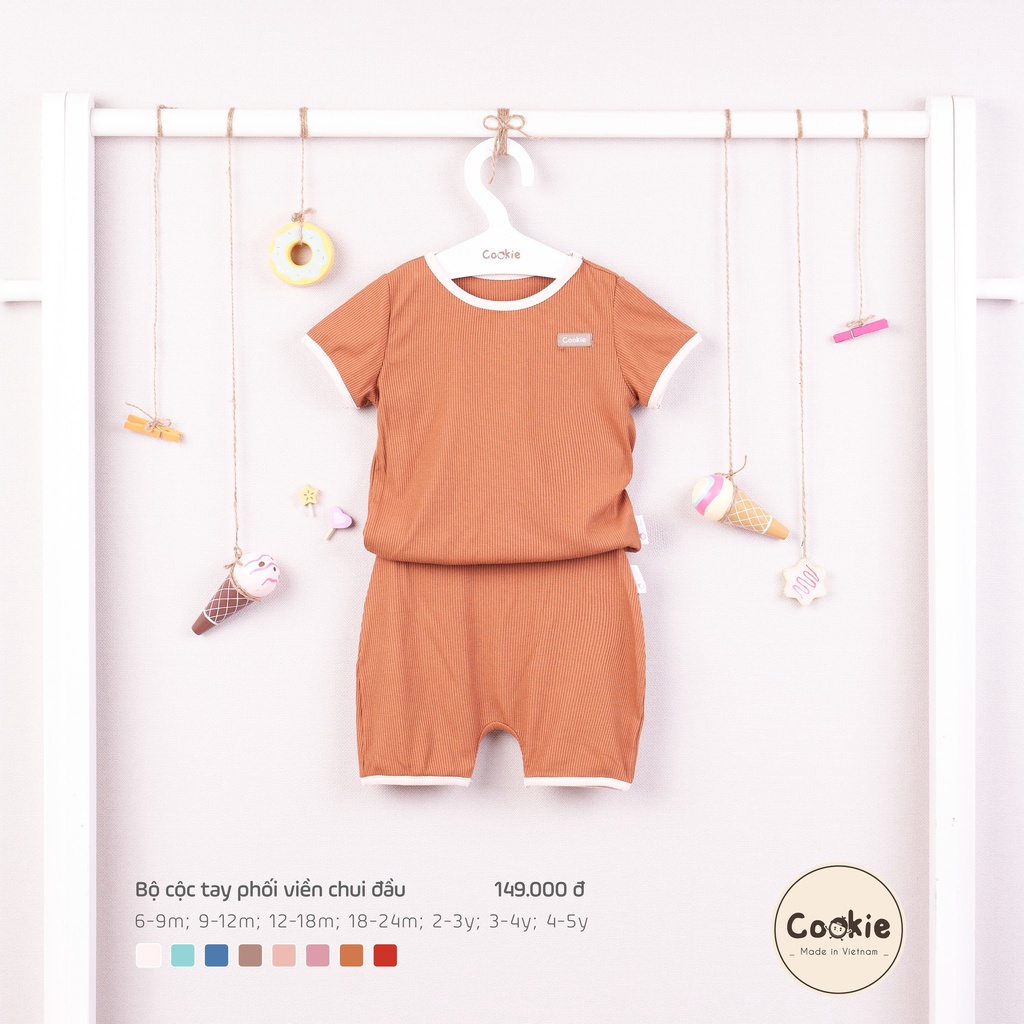 Bộ cộc COOKIE phối viền chui đầu 6-9/9-12/12-18/18-24M chất liệu Air-Cool Knitwear điều hoà nhiệt 4 mùa - Monnie Kids