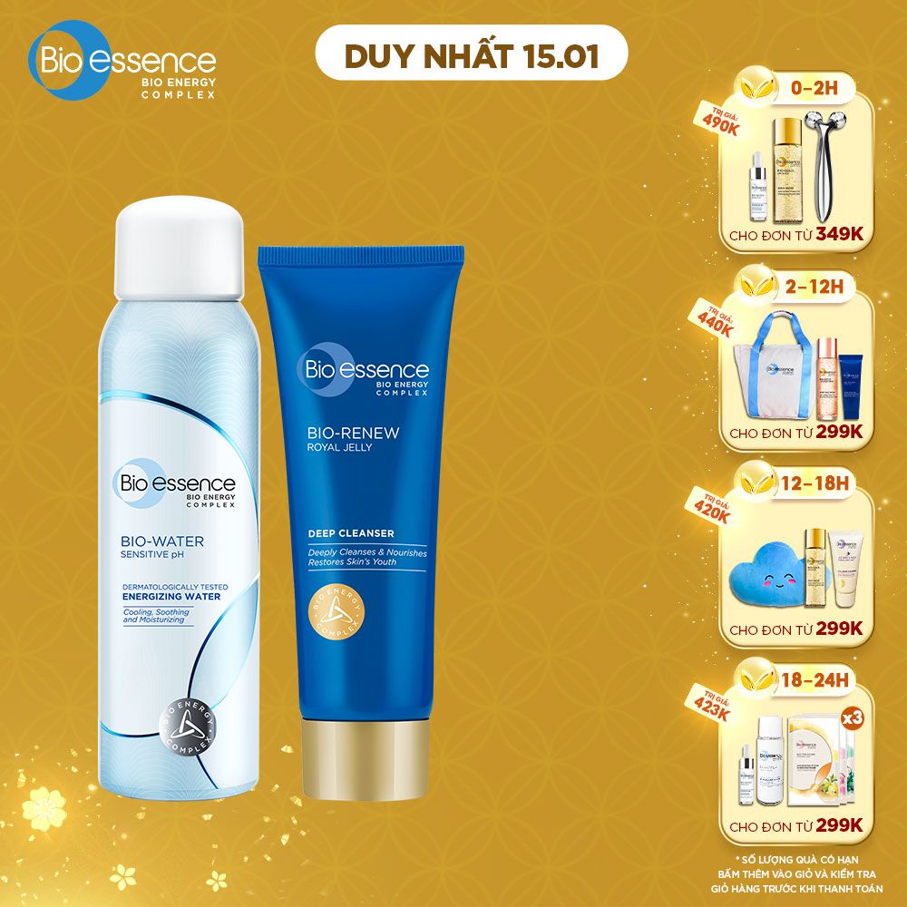 Combo cấp ẩm làm sạch da BioEssence (Nước khoáng BioWater Energizing Water 100ml+Sữa rửa mặt BioRenew sữa ong chúa 100g)