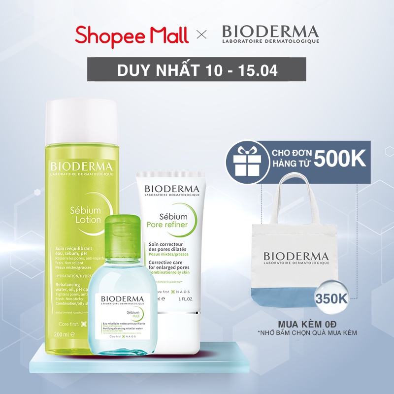 Bộ sản phẩm chăm sóc da dầu và hỗn hợp Biodema Sebium (Tẩy trang micellar 100ml + Lotion 200ml + Pore Refiner 30ml)