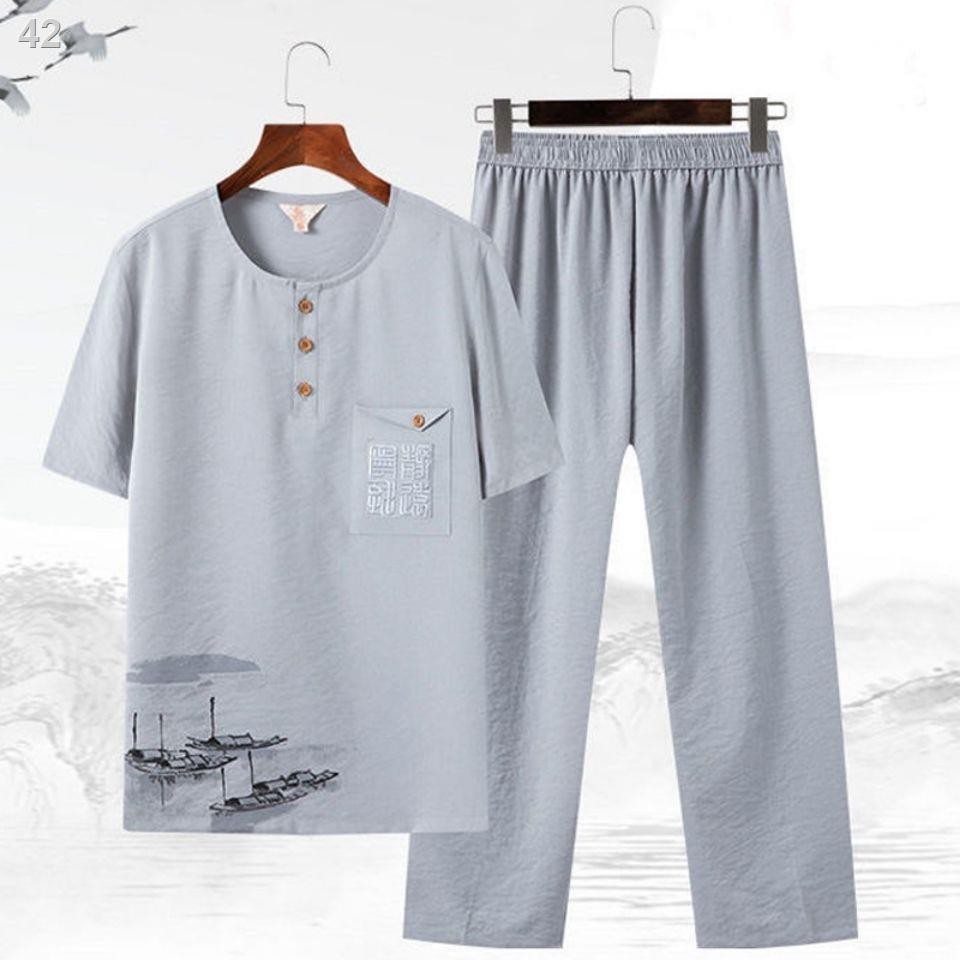 KNgười trung niên và cao tuổi Bộ đồ nam mùa hè bố cỡ lớn mới ngắn tay Tang suit hai mảnh kiểu Quốc ông nội Hanfu
