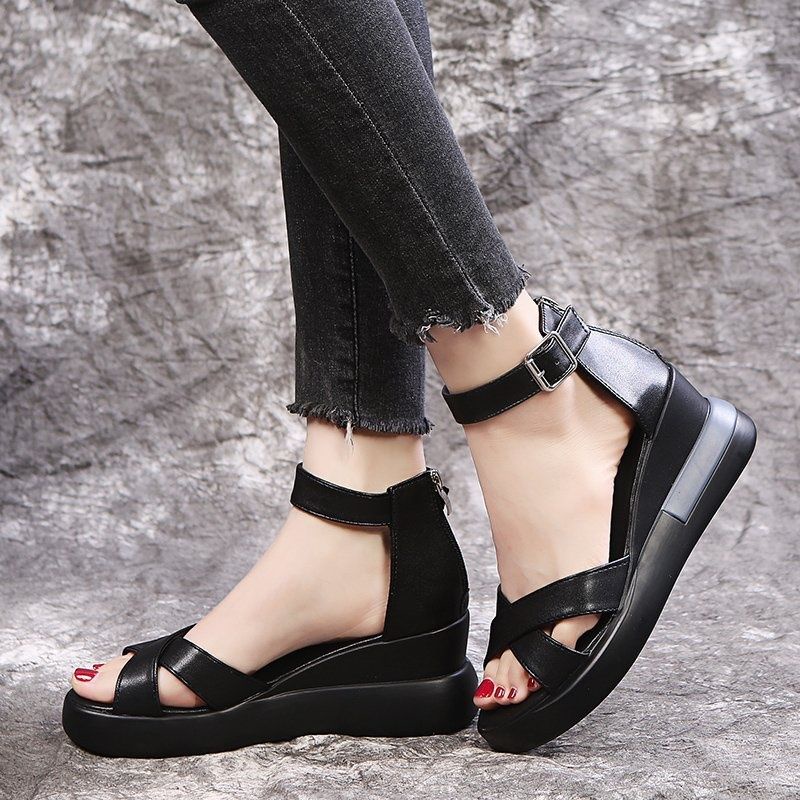 Sandal Hở Ngón Đế Dày 7cm Phối Khóa Kéo Sau Lưng Phong Cách Roman Cho Nữ