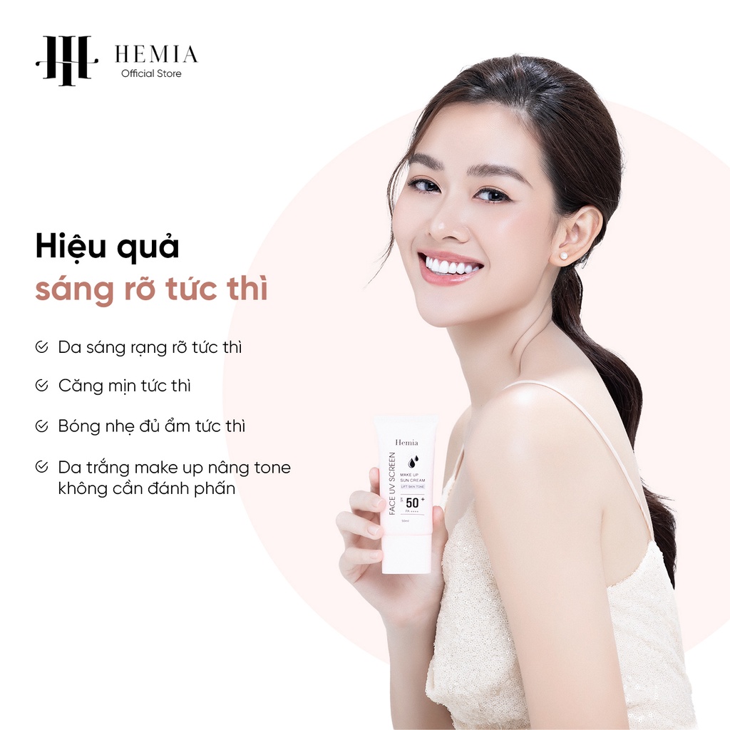 Kem chống nắng Hemia nâng tone trắng da kiềm dầu cho da dầu mụn da khô da nhạy cảm nhập khẩu chính hãng Hàn Quốc 50ml