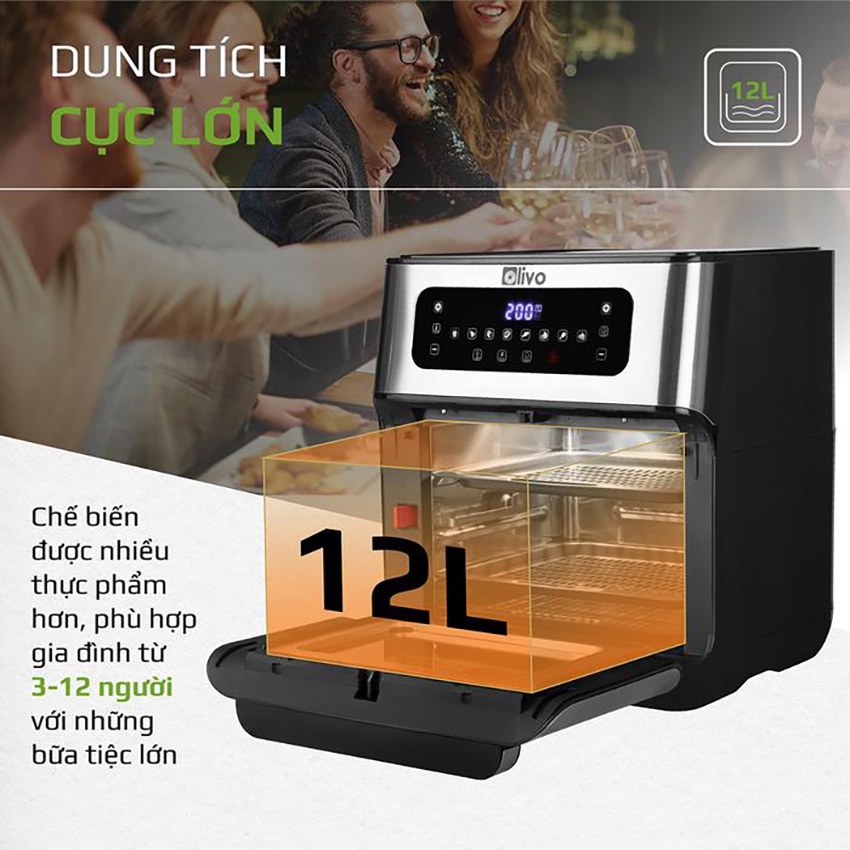 Nồi chiên không dầu OLIVO, Lò chiên không dầu 12 lít công suất 1800W bảo hành 24 tháng lỗi đổi mới 15 ngày, mã  AF12