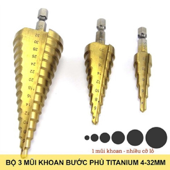 Mũi khoan tầng 4-32 titanium - Bộ 3 mũi