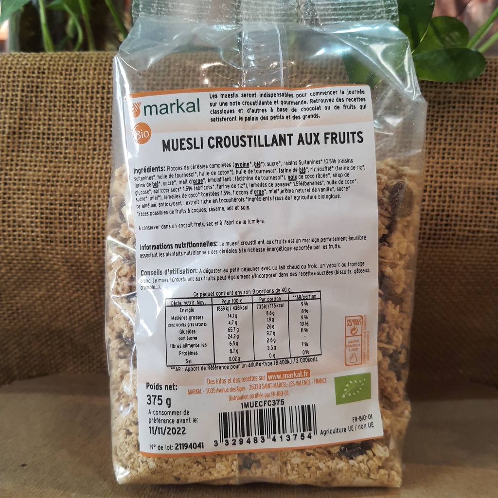 Ngũ cốc giòn trái cây hữu cơ Muesli Crunchy Markal 375g