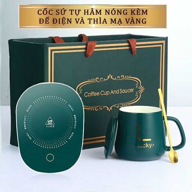 Bộ cốc hâm nóng kèm đế điện và thìa mạ vàng có hộp đựng sang trọng, Đế hâm nóng cafe,sữa,trà dùng cho mọi chất liệu