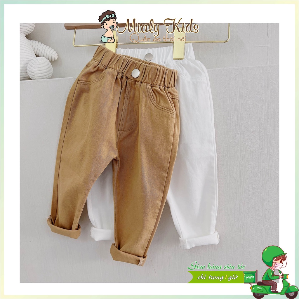 Quần kaki thun 2 màu Nâu - Trắng cho bé trai bé gái (9-14kg) - Quần kaki Mialy kids chất quần co dãn mềm mại.