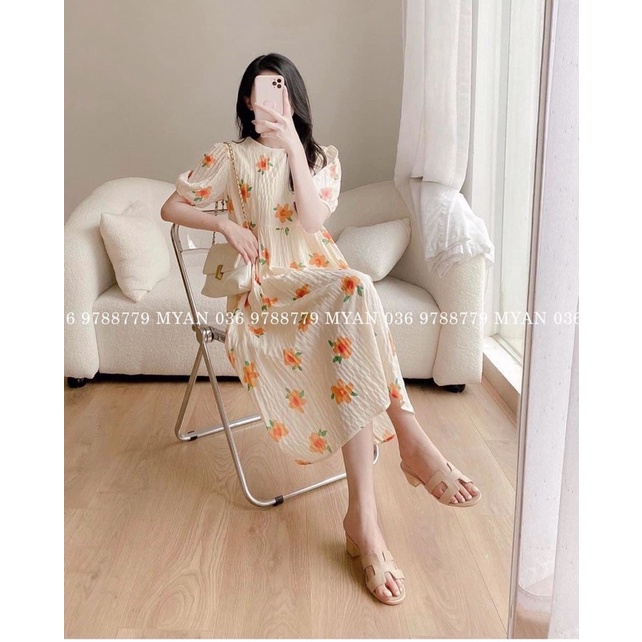 Đầm váy babydoll hoa cam 2 lớp chất đũi xốp có dây buộc eo