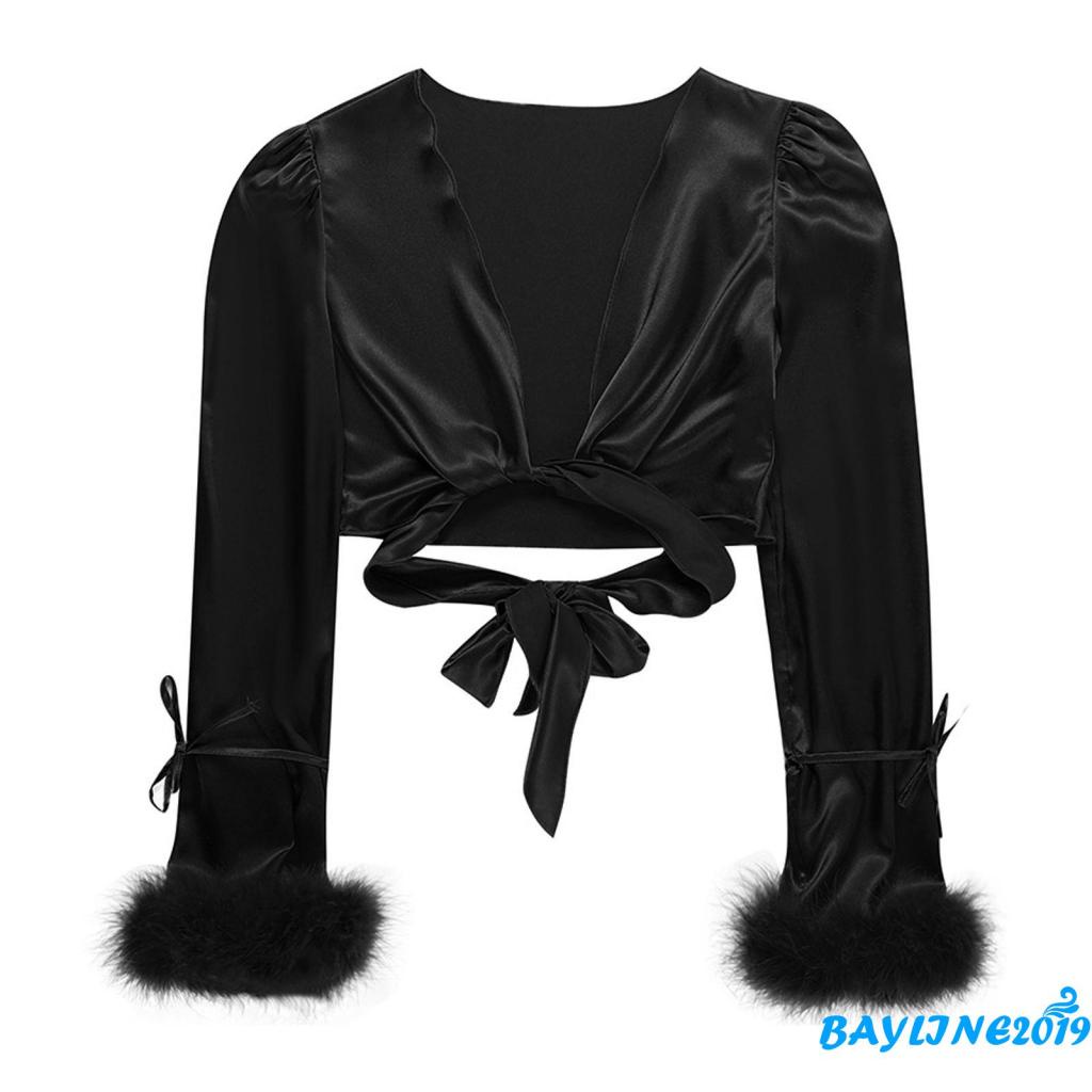 Áo Thun Dài Tay Màu Trơn Cổ Chữ V Buộc Dây Lông Vũ Thời Trang Cho Nữ