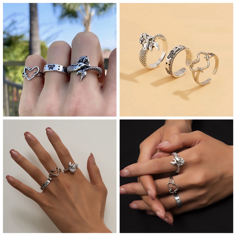 3 chiếc nhẫn hợp kim bạc 1.7-1 .8cm 1.7-1.8cm hình nàng tiên cá nhiều mẫu thời trang