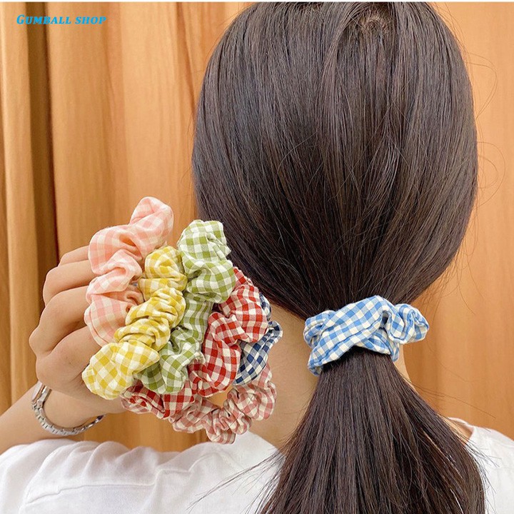 Scrunchies chun cột tóc hoạ tiết kẻ caro, chất vải dày dặn - Dây buộc tóc caro phong cách Hàn Quốc