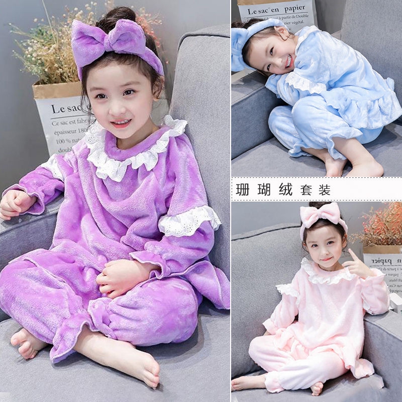 Bộ đồ ngủ bằng vải lông cừu nhung san hô tay dài phong cách công chúa cho bé gái