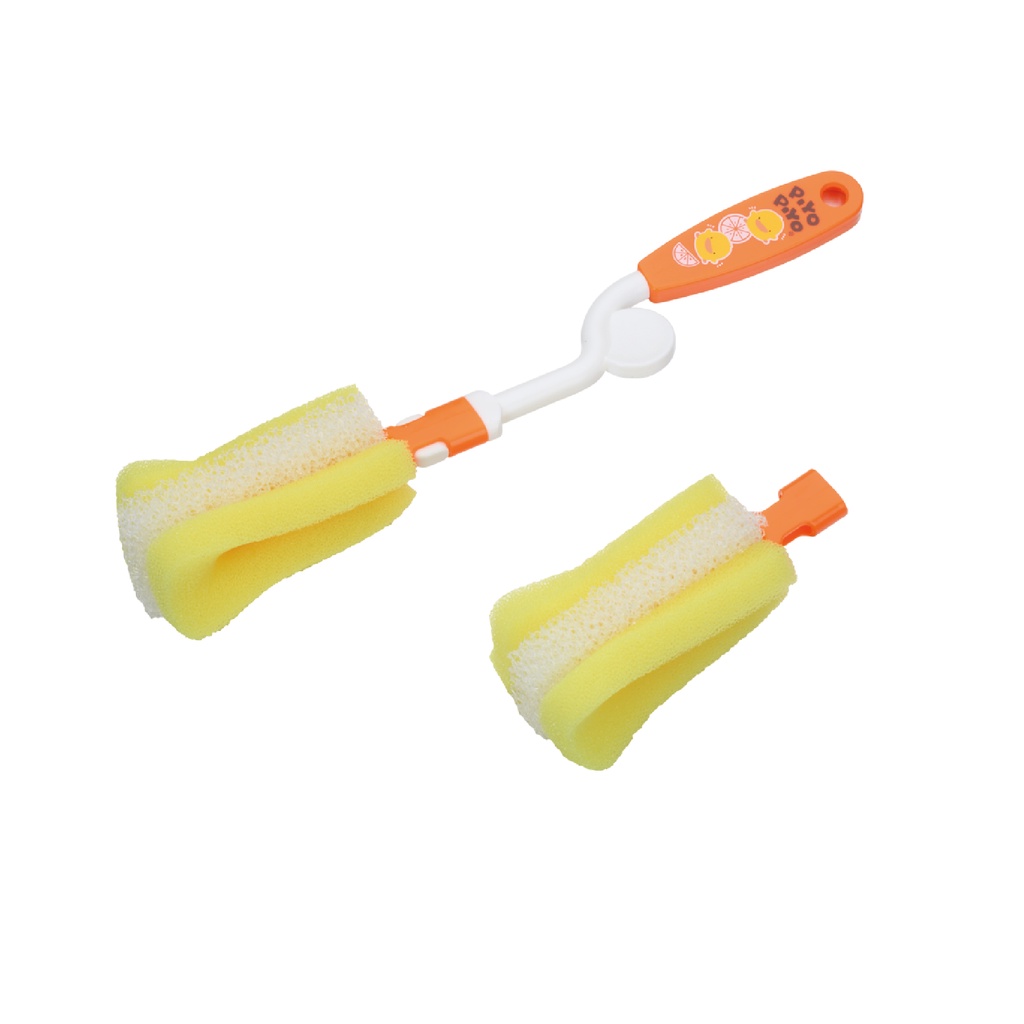 Cây cọ rửa bình sữa Piyo Piyo, tay cầm trên thân có nấc, đầu cọ rửa bằng mút xốp, kèm đầu cọ thay thế