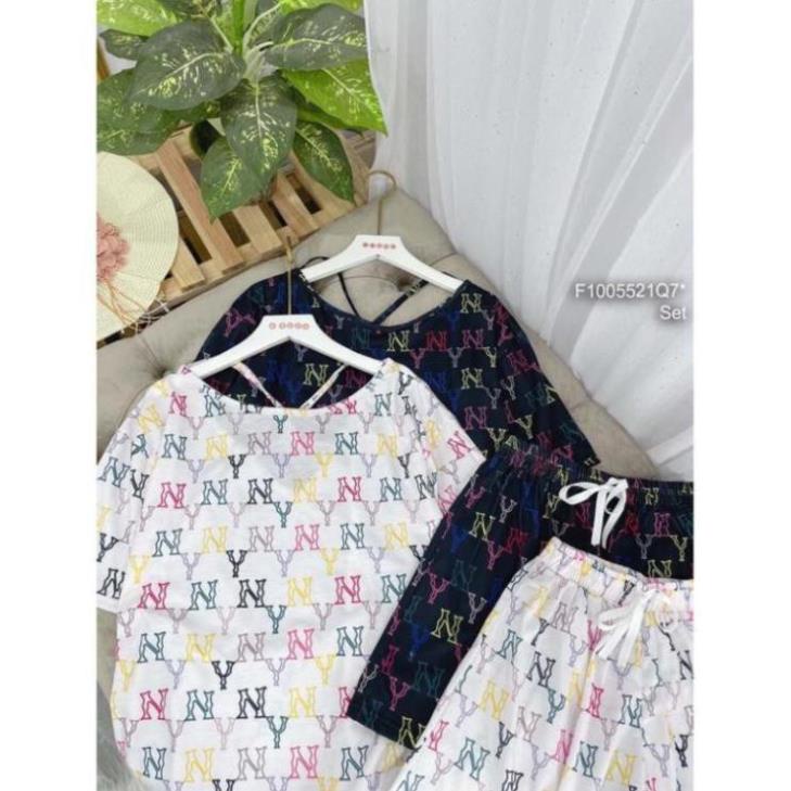 SIÊU RẺ Set bộ thun họa tiết NY- áo rớt vai phối dây chéo lưng tay ngắn kèm quần váy cá tính