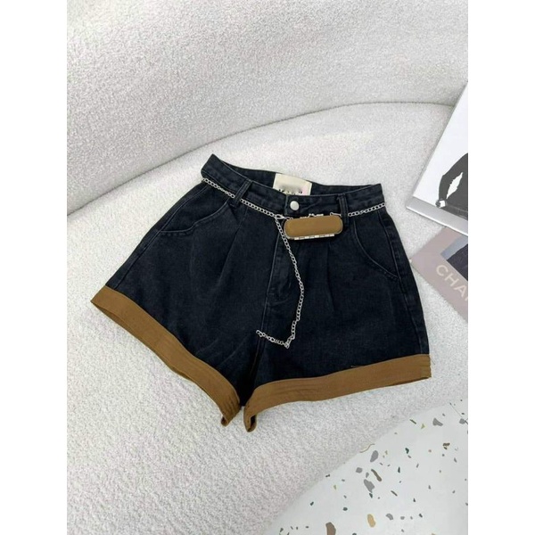 Quần sooc jeans pha gấu kèm đai xích túi hàng QCL1