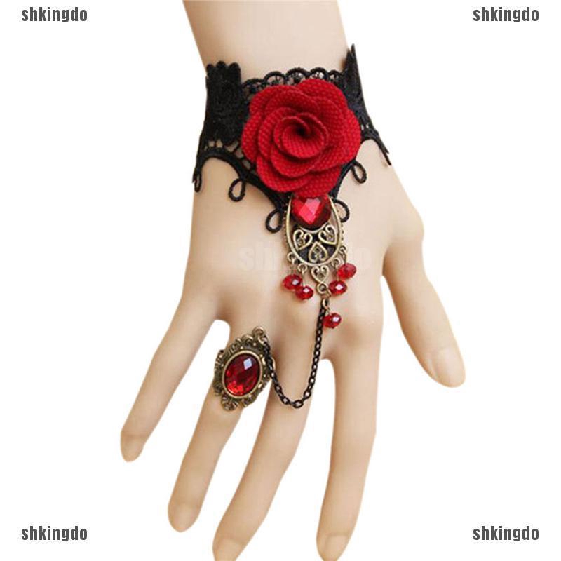 Vòng tay ren hoa hồng đỏ phong cách gothic có thể điều chỉnh kích cỡ