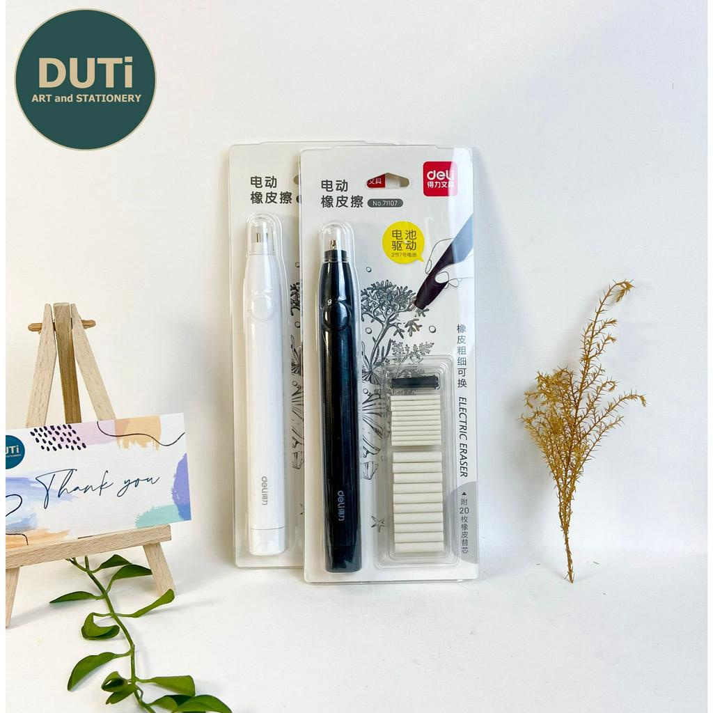 Bút tẩy điện Deli cầm tay tự động- Gôm tẩy sạch, tiện lợi vẽ tranh mỹ thuật chuyên nghiệp gồm 20 lõi tẩy thay thế