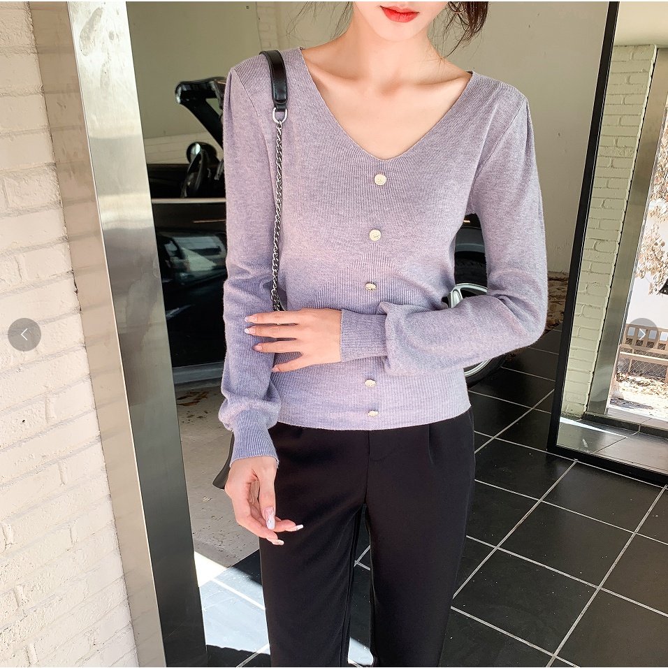 【ZHELIHANGFEI】Áo Dệt Kim Tay Dài Cổ Chữ V Dáng Ôm Dễ Phối Đồ