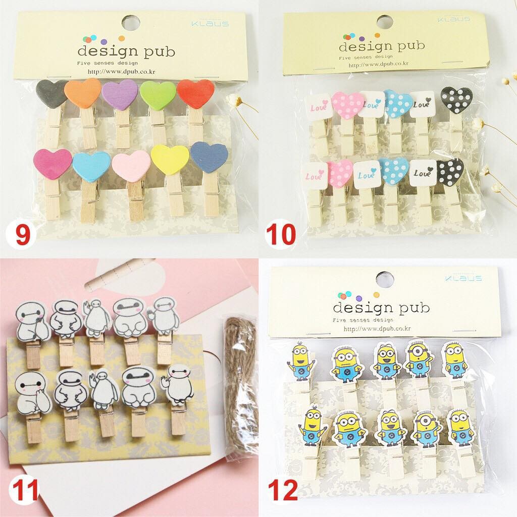 10 Kẹp gỗ và dây thừng để treo ảnh - Mini heart wooden pegs photo clips