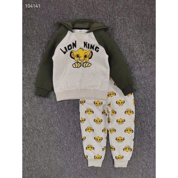 Bộ nỉ bông có mũ HM xuất dư hoạ tiết lion king cho bé mặc thu đông cực dày dặn ấm áp, cực đẹp; bộ nỉ bông tqxk bé trai