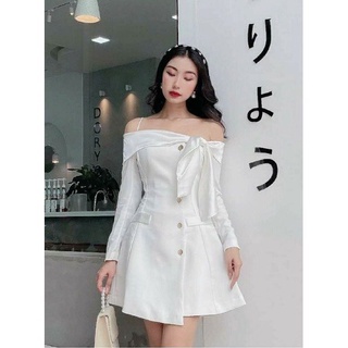 Đầm nữ đầm dự tiệc kiểu nữ lệch vai đầm trễ vai 2 dây dáng xoè nơ ngực tiểu thư 2 lớp sang chảnh