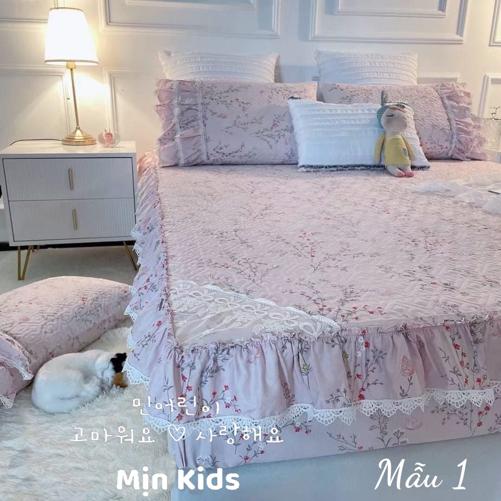 Set ga gối chần bông bo chun, ga gối MỊN KIDS, hoạ tiết hoa nhí Hàn Quốc
