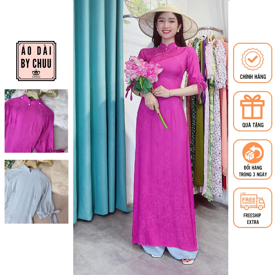 Áo dài cách tân in gấm nữ kiểu tay nơ xinh xắn CHUU AD8064 - không kèm quần