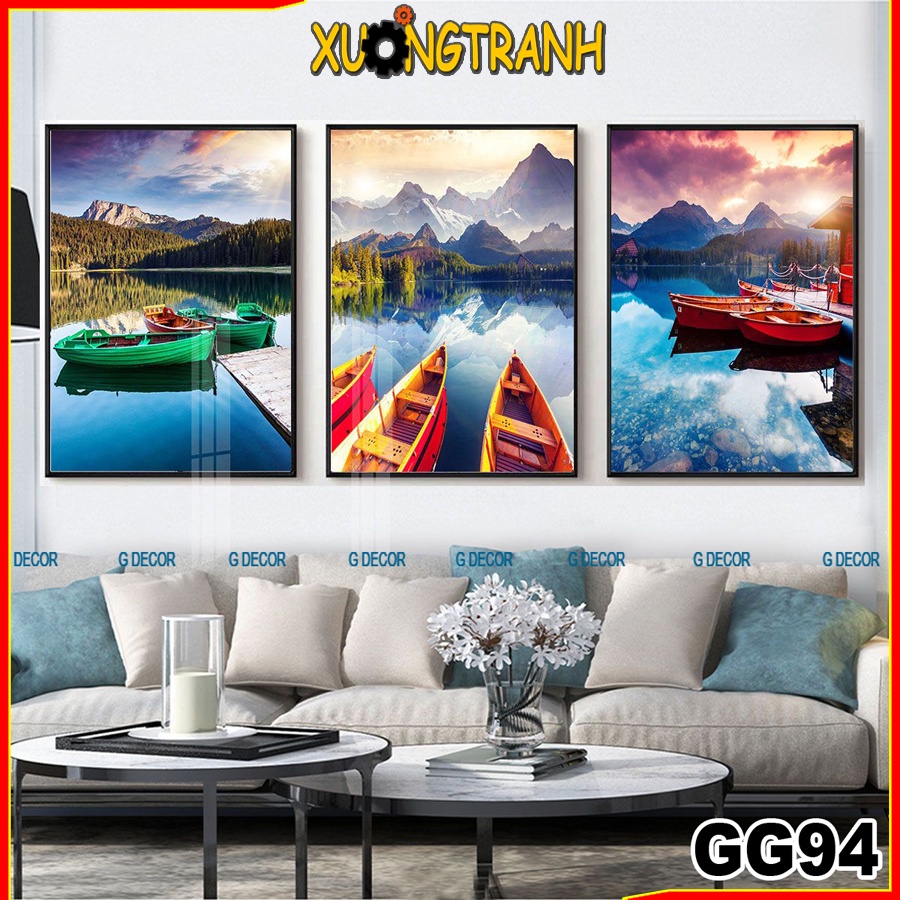 Tranh treo tường canvas 3 bức phong cách Bắc Âu 94, tranh thuyền ngư dân trang trí phòng khách, phòng ngủ, phòng ăn, spa