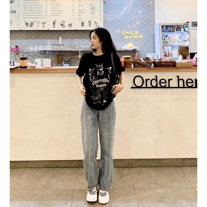 Quần bò suông 2 cúc cạp cao