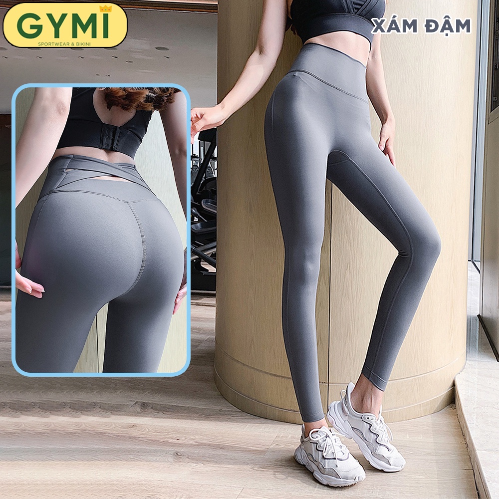 Quần tập gym yoga nữ chất thun lạnh GYMI QD41 dáng legging thể thao cao cấp mịn mát lưng cao chéo co giãn